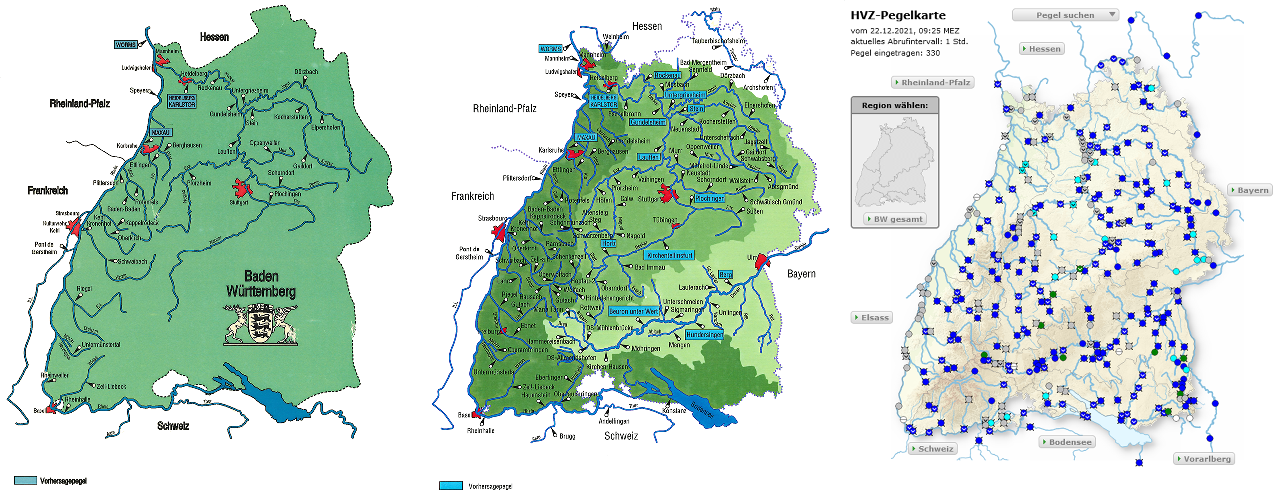 Bilder zeigen von links nach rechts: Karte der Pegel von 1991, 1994 und von heute. Beschreibung im Text.