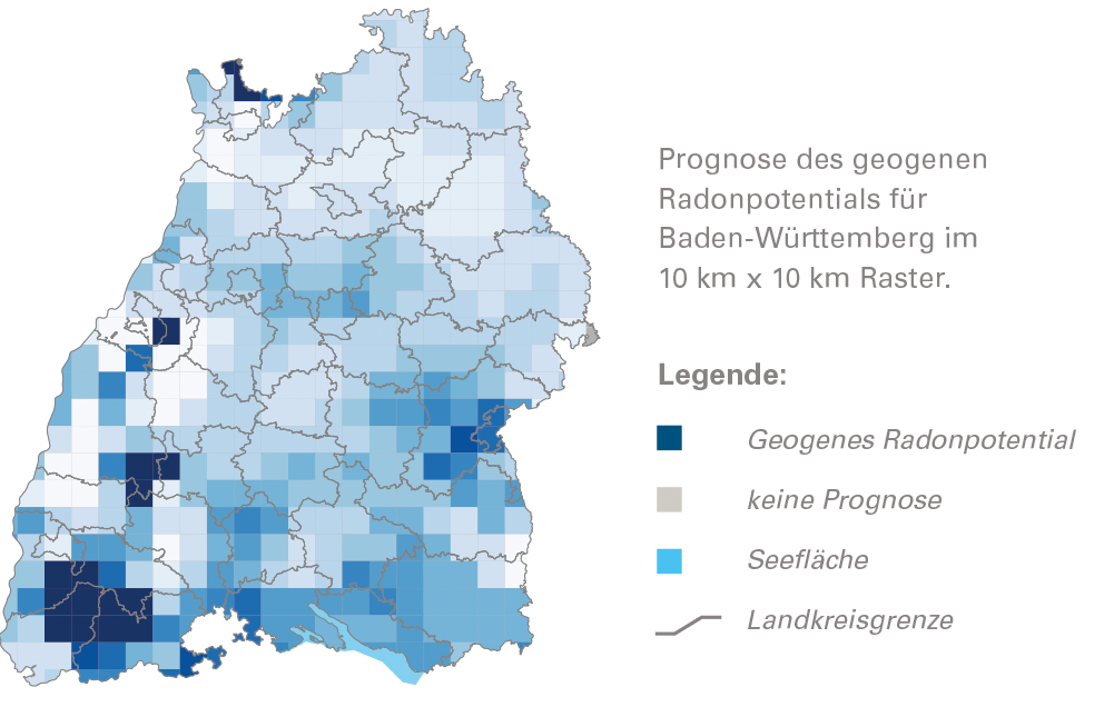 Prognosekarte von Baden-Württemberg für die Radonverfügbarkeit, also das geogene Radonpotential, also die Radonverfügbarkeit. Insbesondere im Schwarzwald ist die Radonverfügbarkeit erhöht.