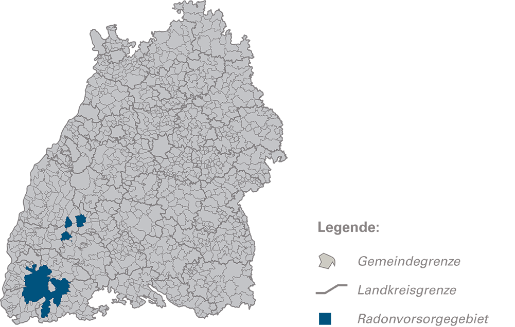 Kartendarstellung von Baden-Württemberg mit Radonvorsorgegebieten im südlichen und mittleren Schwarzwald.
