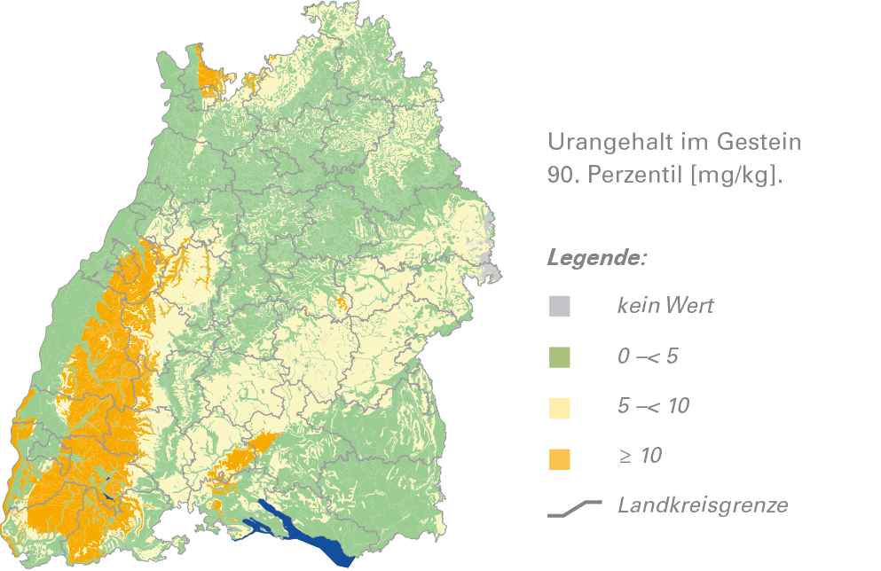 Karte von Baden-Württemberg mit dem Urangehalt des 90. Perzentils im Gestein. Unter anderem im Schwarzwald treten im landesweiten Vergleich erhöhte Werte von über zehn Milligramm pro Kilogramm auf.