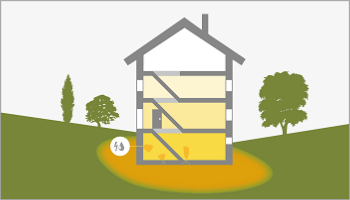 Teaser, der ein stilisiertes Haus zeigt, das Risse in der Bodenplatte und undichte Versorgungsleitungen aufweist, über die Radon aus dem Boden eindringen kann.