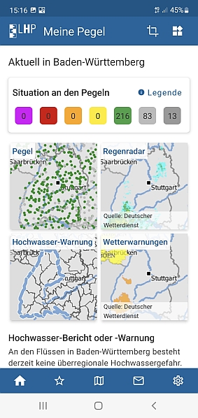 Bild zeigt: Übersichtsseite für Hochwasserwarnungen der App „Meine Pegel“, Quelle: LUBW